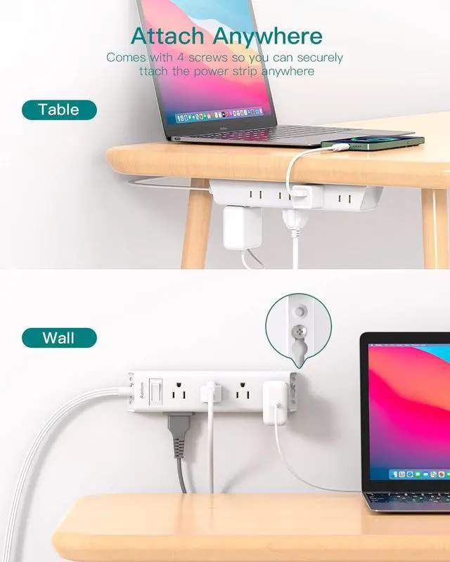 Alt view image 4 of 7 - Flat Plug Power Strip, Ultra Thin Flat Extension Cord - 12 Widely AC 3 Sides Multiple Outlets, 5Ft, 1050J Surge Protector, Wall Mount, Desk Charging Station for Home Office Dorm Room Essentials
