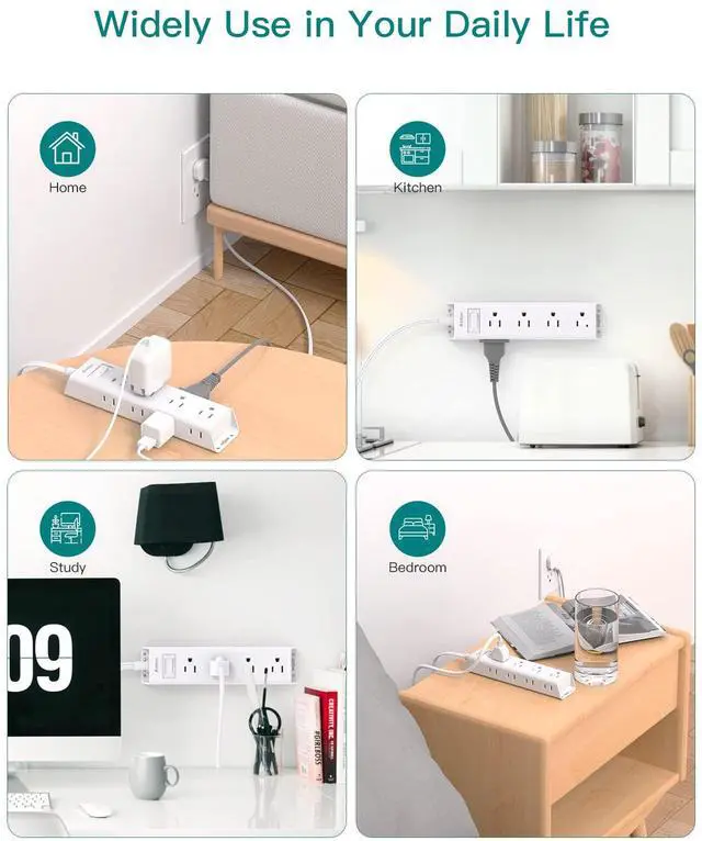 Alt view image 6 of 7 - Flat Plug Power Strip, Ultra Thin Flat Extension Cord - 12 Widely AC 3 Sides Multiple Outlets, 5Ft, 1050J Surge Protector, Wall Mount, Desk Charging Station for Home Office Dorm Room Essentials