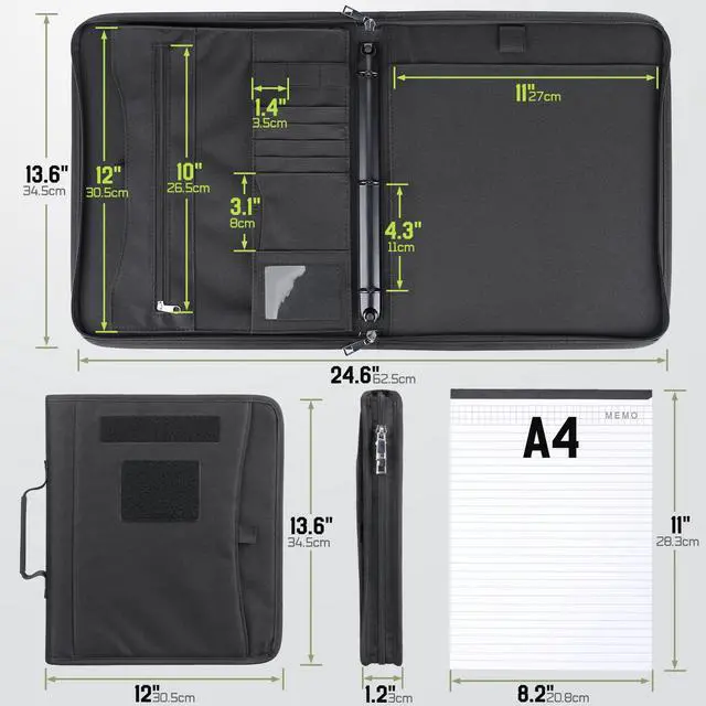 Alt view image 2 of 7 - Portfolio Padfolio Binder Detachable 3-Ring Binder Planner, Zip Tactical Notebook Cover with A4 Letter Paper, Multi-Storage Organizer Handle Bag for Out-Work, Travels, Office & School