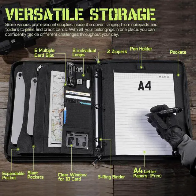 Alt view image 5 of 7 - Portfolio Padfolio Binder Detachable 3-Ring Binder Planner, Zip Tactical Notebook Cover with A4 Letter Paper, Multi-Storage Organizer Handle Bag for Out-Work, Travels, Office & School