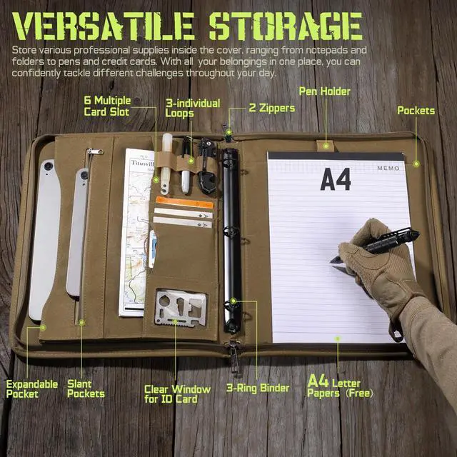 Alt view image 5 of 7 - Portfolio Padfolio Binder Detachable 3-Ring Binder Planner, Zip Tactical Notebook Cover with A4 Letter Paper, Multi-Storage Organizer Handle Bag for Out-Work, Travels, Office & School