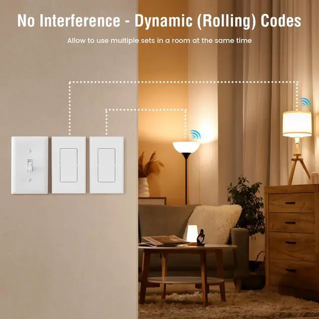 Alt view image 4 of 7 - Wireless Wall Switch Remote Control Outlet, No Wiring, 100ft RF Range, Pre-Programmed, Expandable Wireless Light Switches for Plug in Pendant Light, Lamp (2 Wall Switches and 1 Receiver)