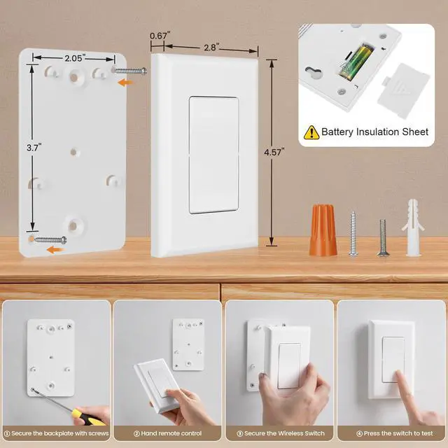 Alt view image 7 of 7 - Wireless Wall Switch Remote Control Outlet, No Wiring, 100ft RF Range, Pre-Programmed, Expandable Wireless Light Switches for Plug in Pendant Light, Lamp (2 Wall Switches and 1 Receiver)