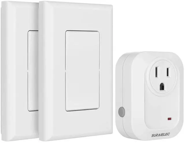 Main image of Wireless Wall Switch Remote Control Outlet, No Wiring, 100ft RF Range, Pre-Programmed, Expandable Wireless Light Switches for Plug in Pendant Light, Lamp (2 Wall Switches and 1 Receiver)