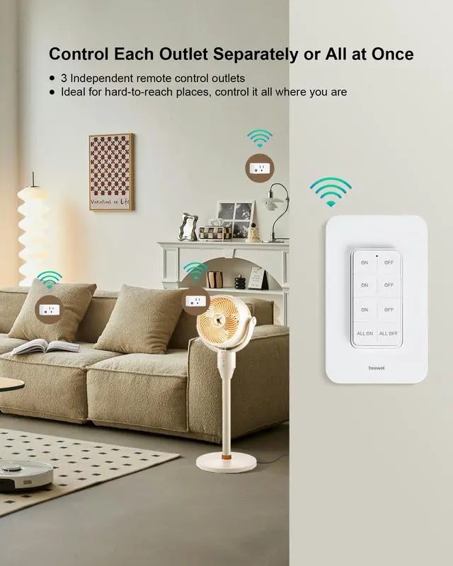 Alt view image 2 of 7 - Remote Control Outlet Wireless Wall Mounted Light Switch, 3 Independent Control Outlets, 200FT RF Range, Mini Outlet Plug, 15A/1875W High-Power for Lamps, Lights, Household Appliances, ETL Listed