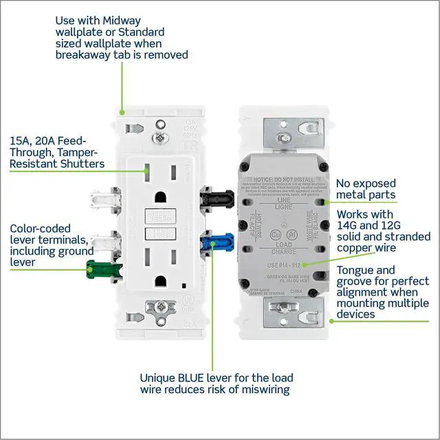Alt view image 4 of 7 - Lever Edge 15 Amp Self-Test, Tamper Resistant GFCI Outlet, EGFT1-W, White