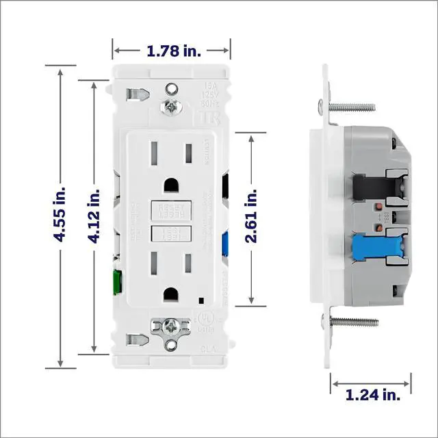 Alt view image 5 of 7 - Lever Edge 15 Amp Self-Test, Tamper Resistant GFCI Outlet, EGFT1-W, White