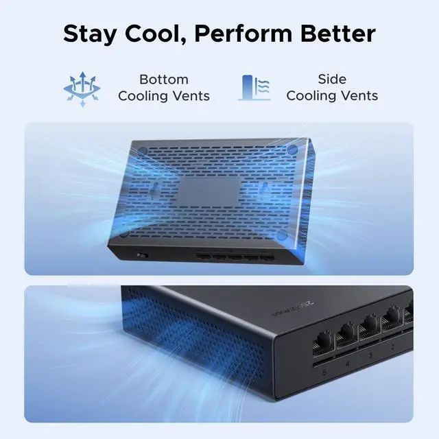 Alt view image 7 of 7 - 2.5Gb Switch, 5-Port Ethernet Switch, 5 x 2.5Gb Uplink, Plug & Play, Unmanaged Ethernet Splitter, Desktop/Wall Mount Network Hub, with LED, Fanless Quiet, for NAS, PC, Game Console