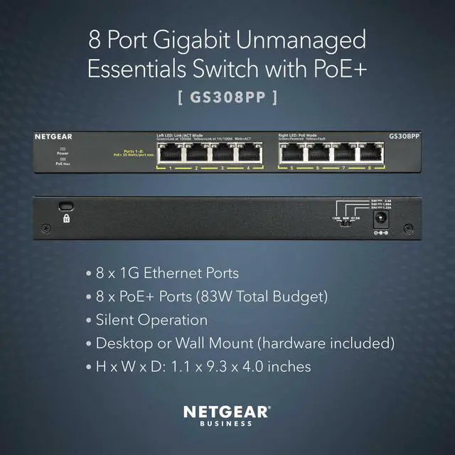 Alt view image 2 of 6 - 8-Port PoE+ Gigabit Ethernet Unmanaged Essentials Switch (GS308PP) - with 8 x PoE+ @ 83W, Desktop or Wall Mount