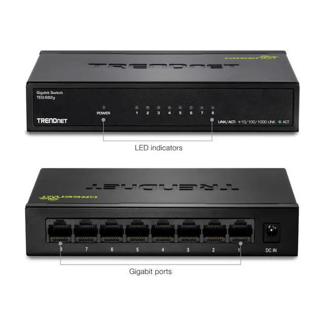 Alt view image 5 of 7 - 8-Port Gigabit GREENnet Switch, Ethernet Network Switch, TEG-S82G, 8 x 10-100-1000 Mbps Gigabit Ethernet Ports, Ethernet Splitter, 16 Gbps, Metal, Lifetime Protection, Black