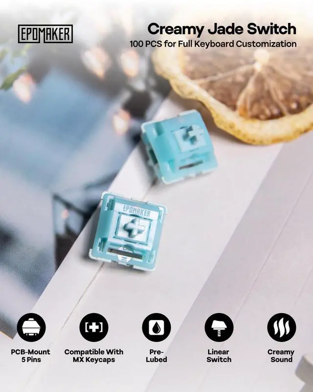 Alt view image 2 of 7 - Creamy Jade 45gf Gaming Keyboard Switches, 100 PCS Linear Switch, 5-Pin Pre-Lubed Switch, with PC/PA66 Case, POK Stem, Compatible with MX Keycaps for Mechanical Keyboard