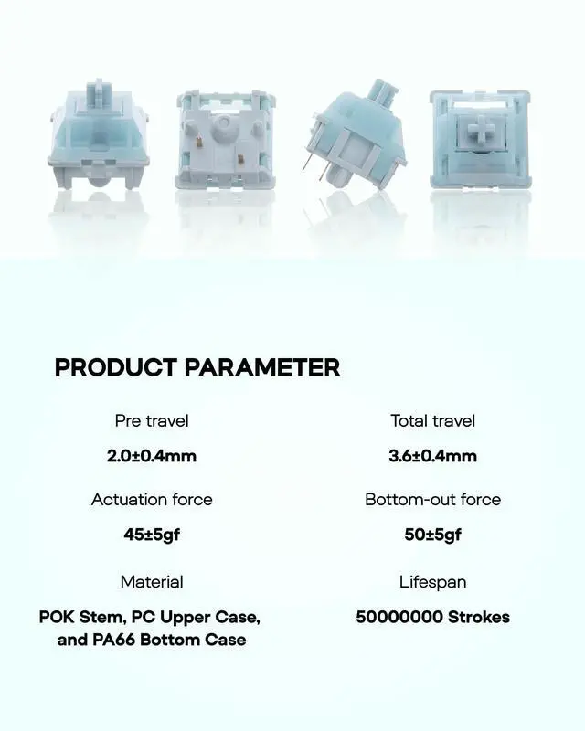 Alt view image 3 of 7 - Creamy Jade 45gf Gaming Keyboard Switches, 100 PCS Linear Switch, 5-Pin Pre-Lubed Switch, with PC/PA66 Case, POK Stem, Compatible with MX Keycaps for Mechanical Keyboard