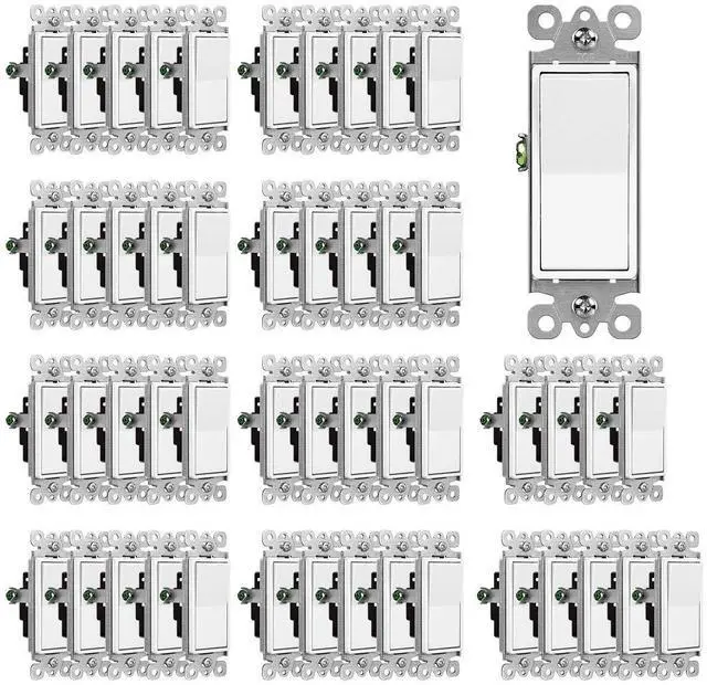 Main image of (50 Pack) Decorator Wall Light Switch, Single Pole Switch, 15A 120/277V, 3-Year Warranty, White