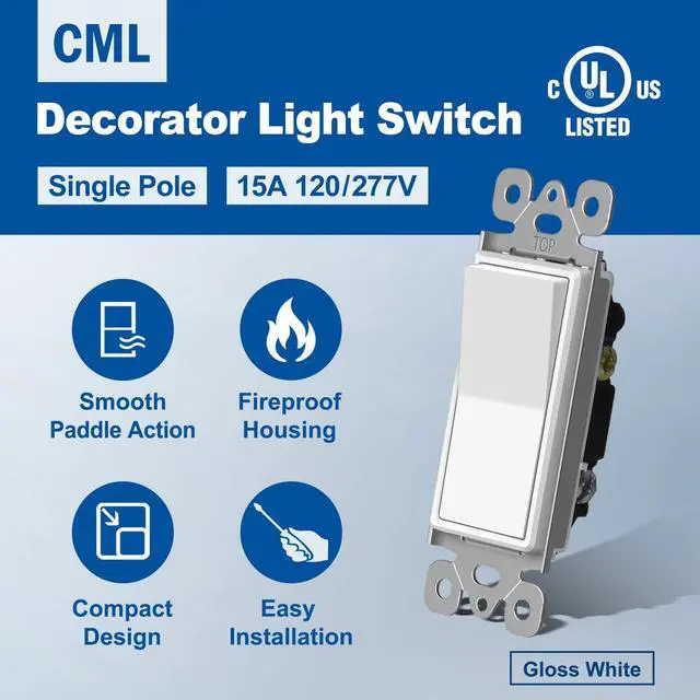 Alt view image 2 of 7 - (50 Pack) Decorator Wall Light Switch, Single Pole Switch, 15A 120/277V, 3-Year Warranty, White