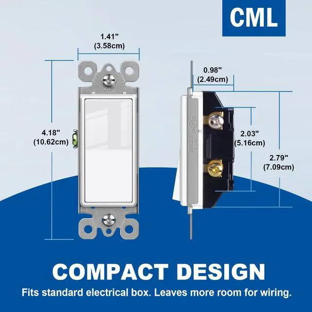 Alt view image 3 of 7 - (50 Pack) Decorator Wall Light Switch, Single Pole Switch, 15A 120/277V, 3-Year Warranty, White