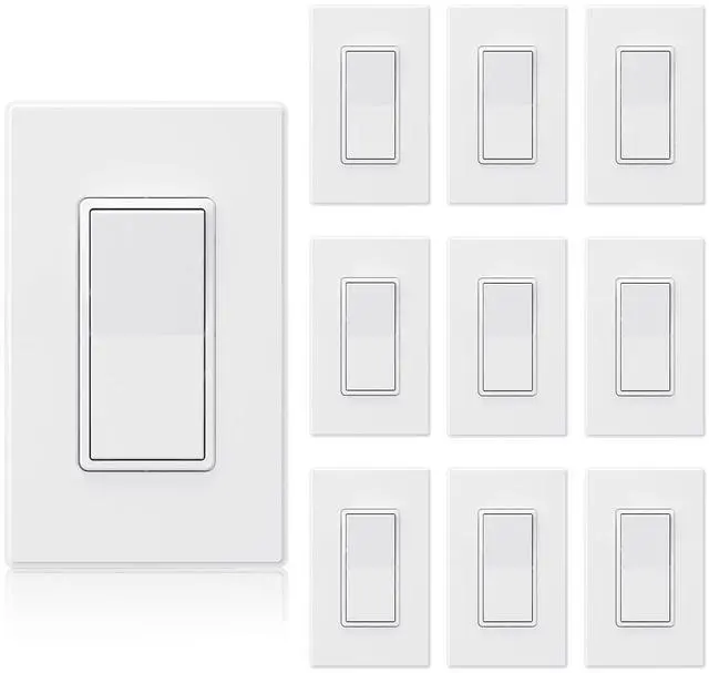 Main image of Matte White Single Pole Decorator Light Switch 15Amp, 120-277V, Paddle Rocker Replacement, On/Off Wall Switch, Self-Grounding, Residential Grade, w/Wall Plate, UL/CUL (10 Pack)