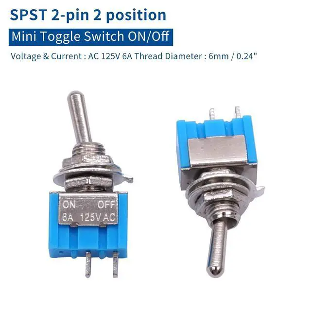 Alt view image 3 of 7 - 10PCS SPST Mini Toggle Switch 2 Pin 2 Position ON/Off Miniature Toggle Switch 6A 125V MTS-101