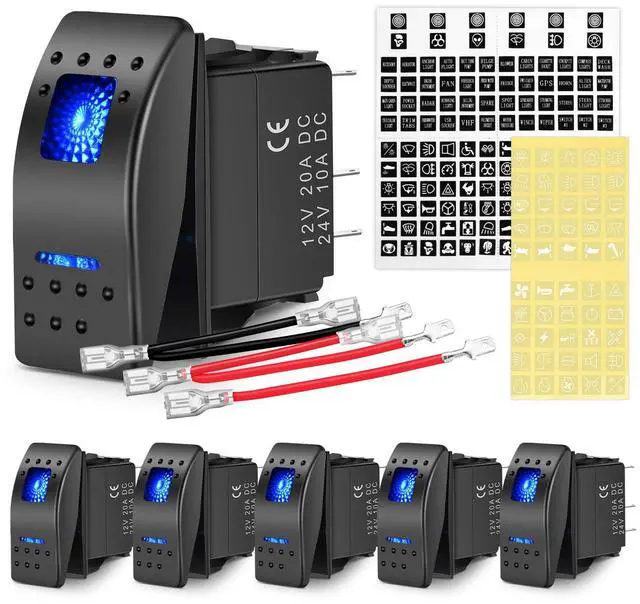 Main image of 6PCS 5PIN SPST Rocker Switches with 6 Sets Jumper Wires Set 20A/12V 10A/24V On/Off Toggle Switches with Night Glow Sticker for Trucks Boats Auto Motorcycles,2 Years Warranty (90131F) , Blue