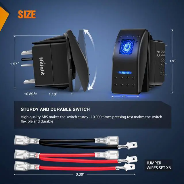 Alt view image 2 of 7 - 6PCS 5PIN SPST Rocker Switches with 6 Sets Jumper Wires Set 20A/12V 10A/24V On/Off Toggle Switches with Night Glow Sticker for Trucks Boats Auto Motorcycles,2 Years Warranty (90131F) , Blue