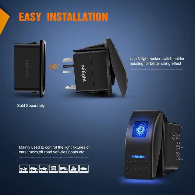 Alt view image 3 of 7 - 6PCS 5PIN SPST Rocker Switches with 6 Sets Jumper Wires Set 20A/12V 10A/24V On/Off Toggle Switches with Night Glow Sticker for Trucks Boats Auto Motorcycles,2 Years Warranty (90131F) , Blue