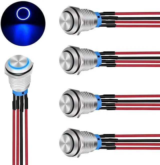 Main image of 12mm Push Button Switch 5PCS with Pre Wired Harness 12V 24V Stainless Steel Self Locking Latching LED Round Switches SPDT 4Pin Waterproof Metal for Boats Cars Truck
