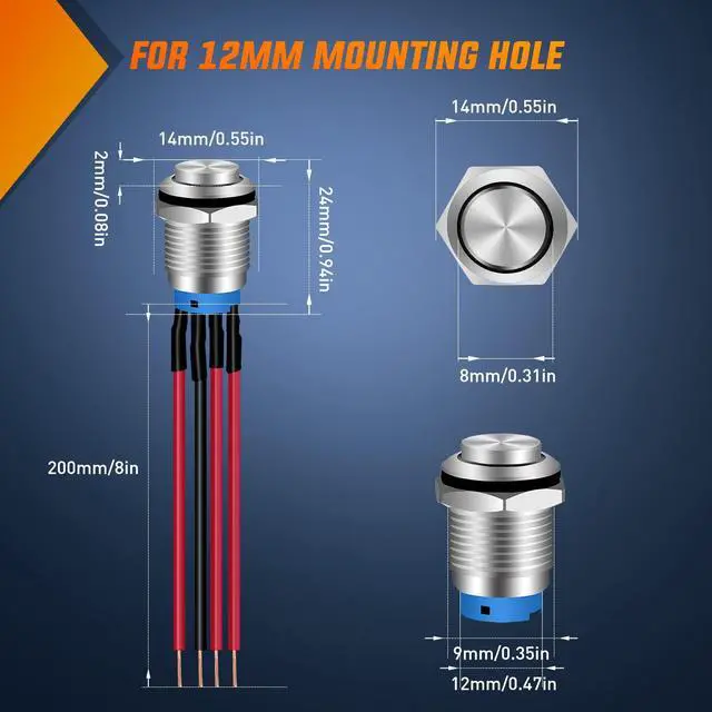 Alt view image 2 of 7 - 12mm Push Button Switch 5PCS with Pre Wired Harness 12V 24V Stainless Steel Self Locking Latching LED Round Switches SPDT 4Pin Waterproof Metal for Boats Cars Truck