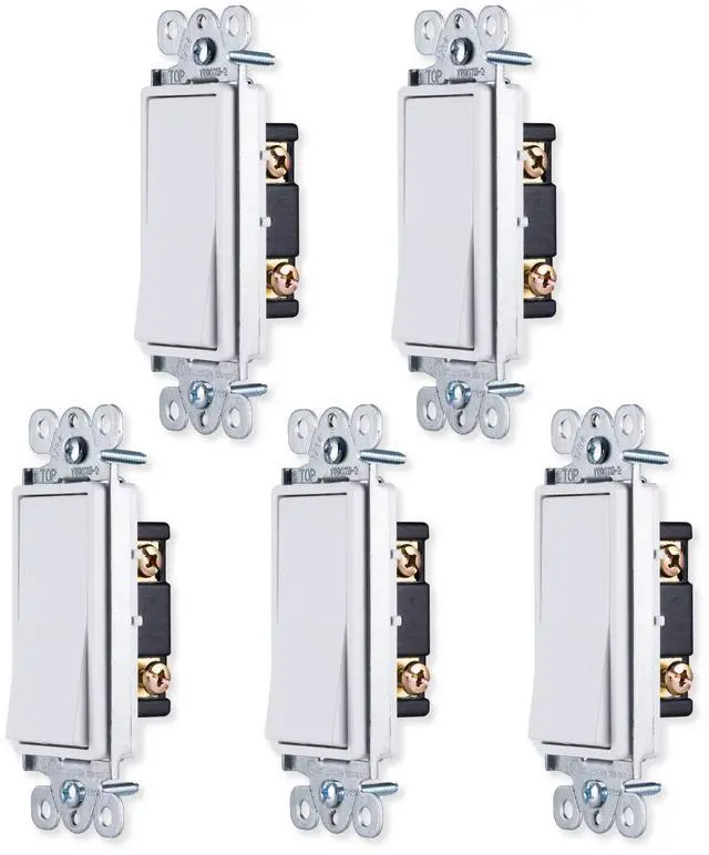 Main image of Grounding Paddle Rocker Switch 5 Pack, Single Pole, in Wall On/Off Power Switch Replacement for Ceiling Fans & Lights, 15 Amp, Great for Home, Office & Kitchen, UL Listed, White, 44017