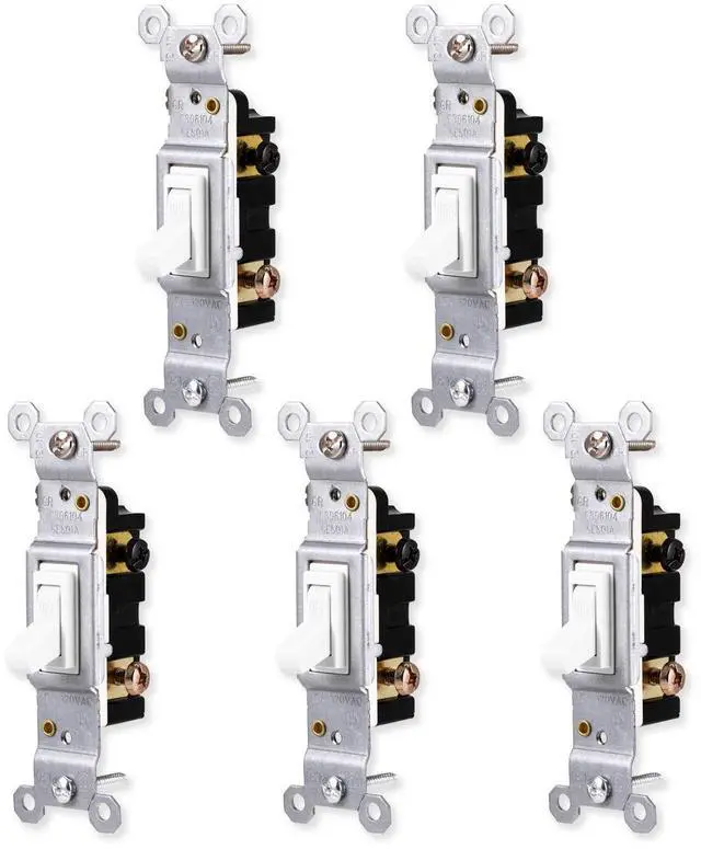Main image of Switch, White, Grounding Toggle 5 Pack, Single Pole, in Wall On/Off Fan & Light Replacement, 15 Amp, for Home, Office & Kitchen, UL Listed, Wallplate not Included, 44034