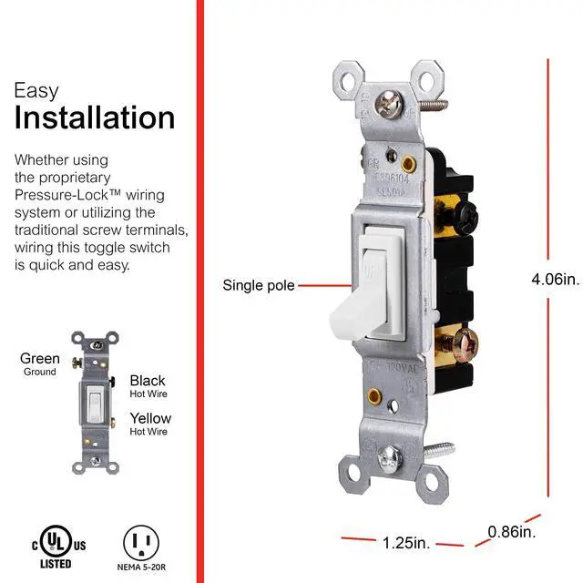 Alt view image 2 of 4 - Switch, White, Grounding Toggle 5 Pack, Single Pole, in Wall On/Off Fan & Light Replacement, 15 Amp, for Home, Office & Kitchen, UL Listed, Wallplate not Included, 44034