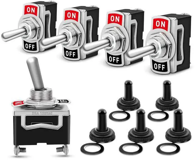 Main image of 90012E Heavy Duty Rocker Toggle 15A 250V 20A 125V SPST 2Pin ON/Off Switch Metal Bat Waterproof Boot Cap Cover-5 Pack, 2 Years Warranty