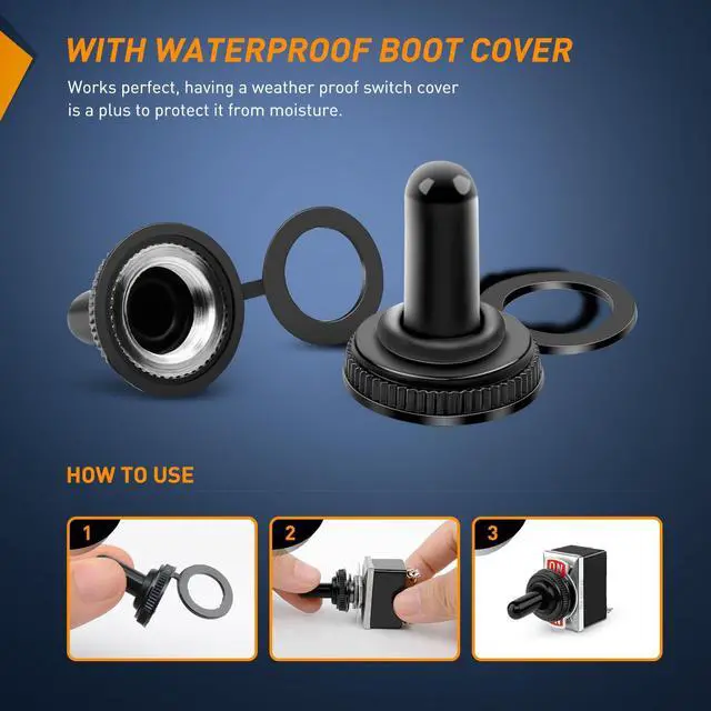 Alt view image 5 of 7 - 90012E Heavy Duty Rocker Toggle 15A 250V 20A 125V SPST 2Pin ON/Off Switch Metal Bat Waterproof Boot Cap Cover-5 Pack, 2 Years Warranty