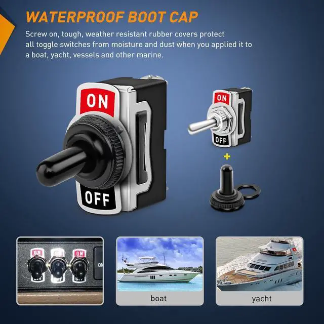 Alt view image 6 of 7 - 90012E Heavy Duty Rocker Toggle 15A 250V 20A 125V SPST 2Pin ON/Off Switch Metal Bat Waterproof Boot Cap Cover-5 Pack, 2 Years Warranty
