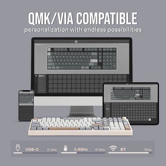 Alt view image 4 of 7 - Galaxy100 QMK/VIA Wireless Gaming Keyboard, Aluminum Shell, BT/2.4Ghz/USB-C, Pre-Lubed Hot-Swappable Linear Switches, NKRO, RGB Backlit (Creamy White, Marble White Switch)