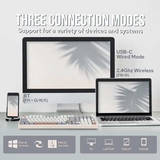 Alt view image 5 of 7 - Galaxy100 QMK/VIA Wireless Gaming Keyboard, Aluminum Shell, BT/2.4Ghz/USB-C, Pre-Lubed Hot-Swappable Linear Switches, NKRO, RGB Backlit (Creamy White, Marble White Switch)