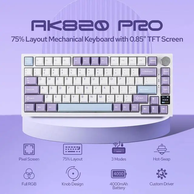 Alt view image 2 of 6 - Ajazz AK820 Pro 75% Wireless Mechanical Keyboard with TFT Smart Display&Knob, Gasket-Mounted Gaming Keyboard, BT/2.4GHz/USB-C Wired (Purple, Gift Switch)