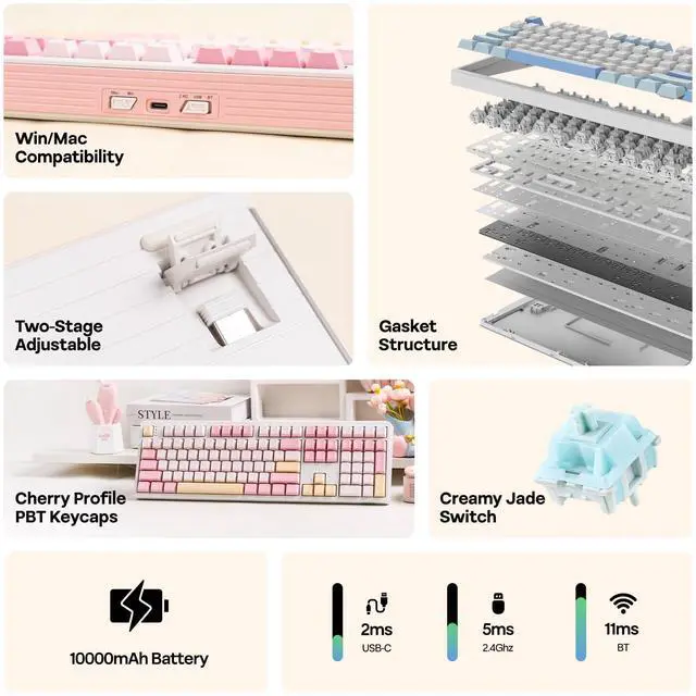 Alt view image 3 of 7 - TH108 Full Size Mechanical Keyboard, Wireless Gaming Keyboard with 8000mAh Battery, Creamy Gasket, 108 Keys, Hot Swap, Custom Driver, RGB Backlight (Pink, Creamy Jade)