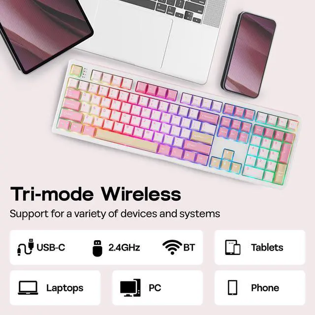 Alt view image 5 of 7 - TH108 Full Size Mechanical Keyboard, Wireless Gaming Keyboard with 8000mAh Battery, Creamy Gasket, 108 Keys, Hot Swap, Custom Driver, RGB Backlight (Pink, Creamy Jade)