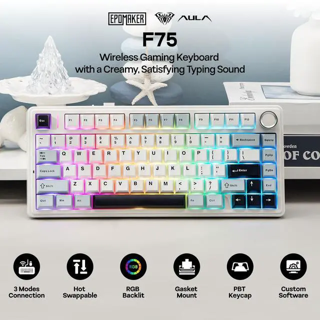 Alt view image 2 of 7 - Aula F75 Gasket Mechanical Keyboard, 75% Wireless Hot Swappable Gaming Keyboard with Five-Layer Padding&Knob, BT/2.4GHz/USB-C, RGB (Light Blue, LEOBOG Reaper Switch)