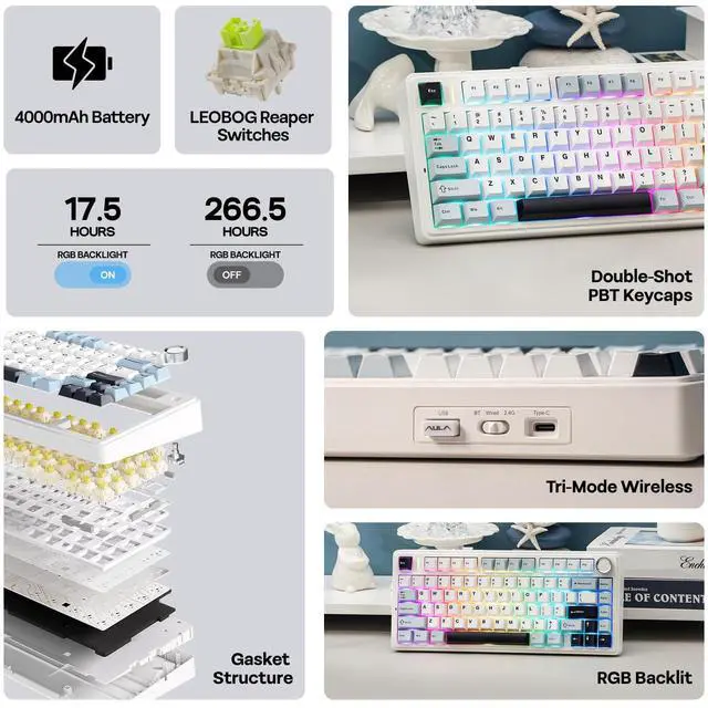 Alt view image 3 of 7 - Aula F75 Gasket Mechanical Keyboard, 75% Wireless Hot Swappable Gaming Keyboard with Five-Layer Padding&Knob, BT/2.4GHz/USB-C, RGB (Light Blue, LEOBOG Reaper Switch)