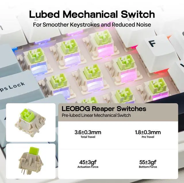 Alt view image 4 of 7 - Aula F75 Gasket Mechanical Keyboard, 75% Wireless Hot Swappable Gaming Keyboard with Five-Layer Padding&Knob, BT/2.4GHz/USB-C, RGB (Light Blue, LEOBOG Reaper Switch)