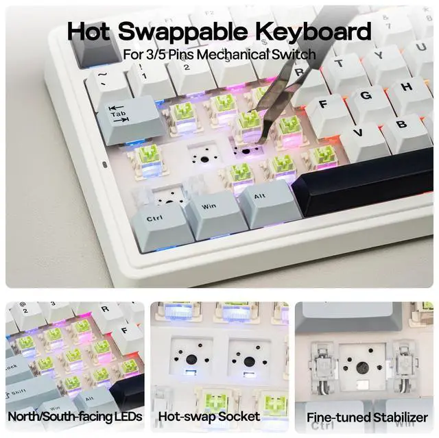 Alt view image 5 of 7 - Aula F75 Gasket Mechanical Keyboard, 75% Wireless Hot Swappable Gaming Keyboard with Five-Layer Padding&Knob, BT/2.4GHz/USB-C, RGB (Light Blue, LEOBOG Reaper Switch)