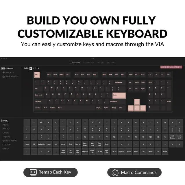 Alt view image 4 of 7 - K10 Pro Wireless Custom Mechanical Keyboard, Full-Size QMK/VIA Programmable Bluetooth/Wired White Backlight with Hot-swappable Keychron Super Brown Switch Compatible with Mac Windows Linux