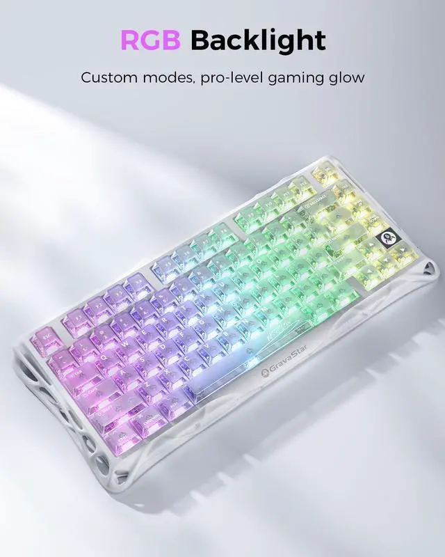Alt view image 7 of 7 - Mercury K1 Lite 75% Gaming Keyboard, 2.4GHz/BT/Wired Tri-Mode Wireless Keyboard, Clear Keycaps Gasket Hot Swappable Mechanical Keyboard, Pre-lubed Linear Switches, RGB Backlit-Crystal Aurora