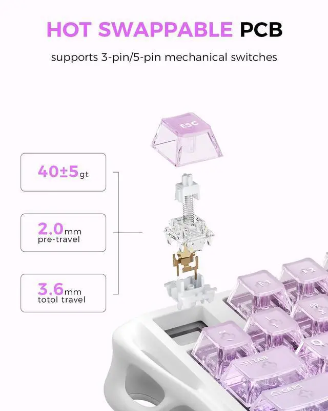 Alt view image 6 of 7 - Mercury K1 Lite 75% Gaming Keyboard, 2.4GHz/BT/Wired Tri-Mode Wireless Keyboard, Clear Keycaps Gasket Hot Swappable Mechanical Keyboard, Pre-lubed Linear Switches, RGB Backlit-Crystal Aurora