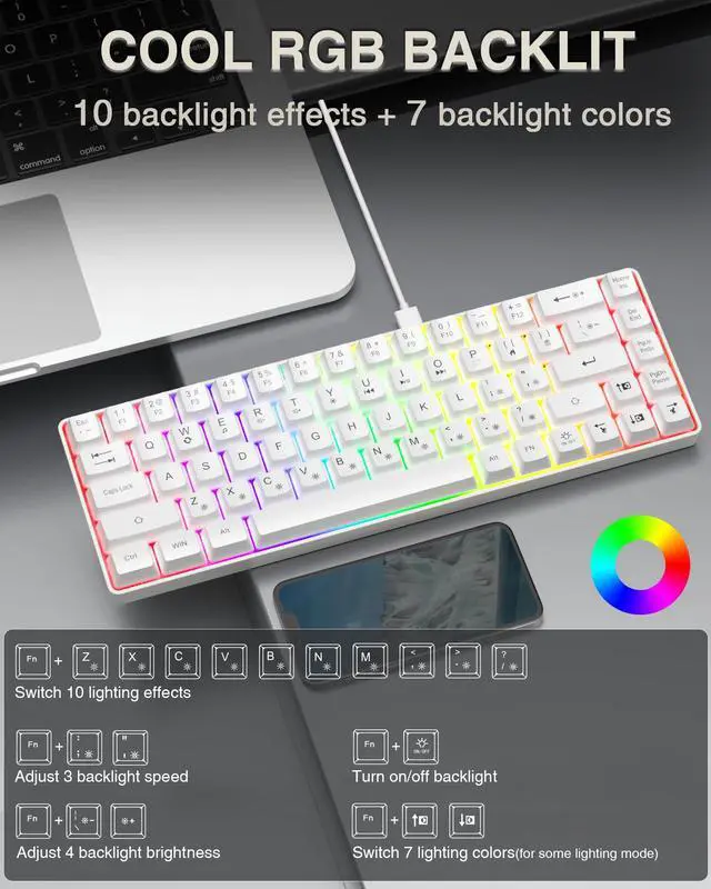 Alt view image 3 of 7 - 60% Gaming Keyboard,Small Keyboard USB-C Wired,Compact Mini Teclado Gamer,68 Keys RGB Backlit Portable Membrane Keyboards for Business Trips,Office,PC Games (SK968,White)