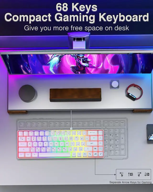 Alt view image 2 of 7 - 60% Gaming Keyboard,Small Keyboard USB-C Wired,Compact Mini Teclado Gamer,68 Keys RGB Backlit Portable Membrane Keyboards for Business Trips,Office,PC Games (SK968,White)