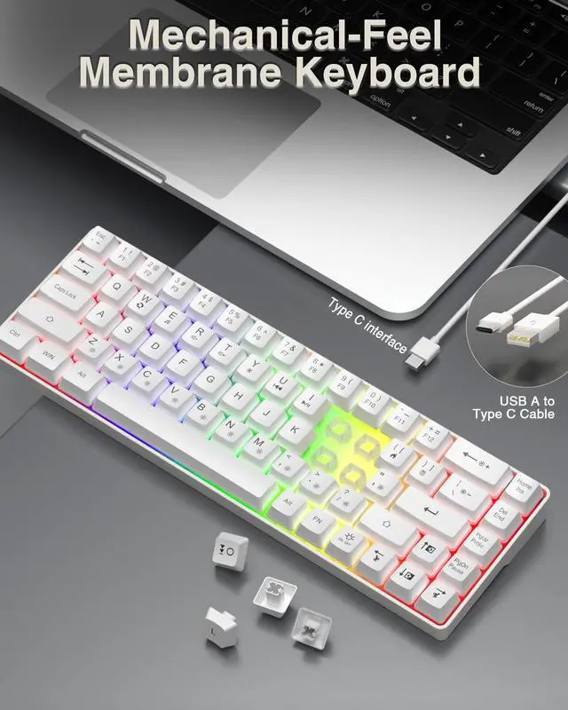 Alt view image 4 of 7 - 60% Gaming Keyboard,Small Keyboard USB-C Wired,Compact Mini Teclado Gamer,68 Keys RGB Backlit Portable Membrane Keyboards for Business Trips,Office,PC Games (SK968,White)