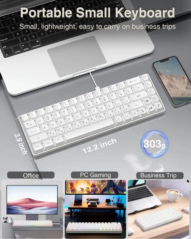 Alt view image 5 of 7 - 60% Gaming Keyboard,Small Keyboard USB-C Wired,Compact Mini Teclado Gamer,68 Keys RGB Backlit Portable Membrane Keyboards for Business Trips,Office,PC Games (SK968,White)