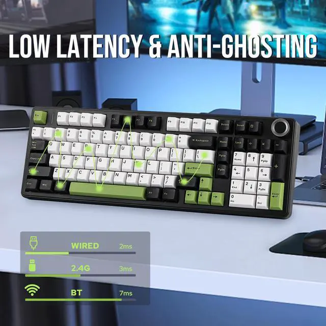 Alt view image 4 of 7 - X Aula F99 PRO Wireless Gaming Keyboard with 8000mAh Battery, Hot Swappable Creamy Keyboard, 2.4GHz/Type-C/BT5.0, NKRO, RGB Backlit for Win/Mac/Gaming (Black&White&Green)