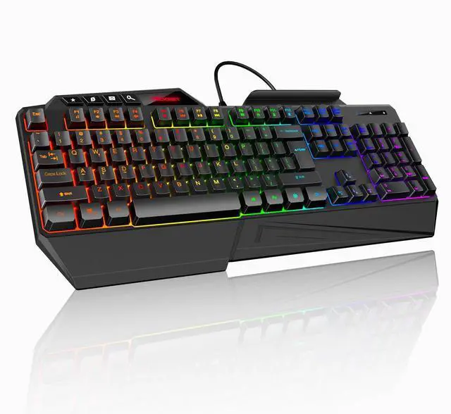 Main image of Wired RGB Gaming Keyboard - 26-Key Anti-Ghosting, 13 Lighting Modes, Spill-Resistant, 108 Membrane Keys, Plug & Play - with Ergonomic Wrist Rest & Phone Holder for Windows/Mac (Black)